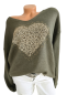 Preview: Damen Pullover mit Herz im Animal-Print und goldfarbenen Glitzersteinchen, V-Ausschnitt, Onesize (40–44)