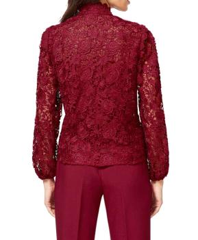 Elegante kirschrote Bluse mit transparenten Ärmeln und Spitzenbesatz