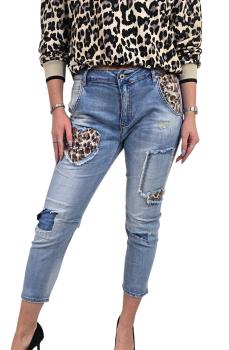 Damen Jeans mit Pailetten und Flicken Leo Muster