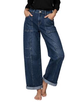 Damen Wide Leg Jeans in Used-Waschung – Lässige Wide Fit Denim mit Mittelnähten & Patch Pockets – Blue Denim