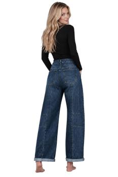 Preview: Damen Wide Leg Jeans in Used-Waschung – Lässige Wide Fit Denim mit Mittelnähten & Patch Pockets – Blue Denim