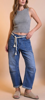 Damen Utility-Jeans Wide Leg mit aufgesetzten Taschen und Kordelgürtel – Medium Blue