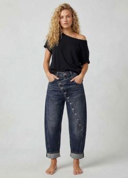 Preview: Sexy Woman Lässige Balloon Jeans »Barrel Fit« mit schräger Knopfleiste & High Waist