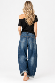 Preview: Lässige High Waist Barrel Fit Jeans in O-Shape – Blue Denim mit asymmetrischem Bund & Used-Waschung