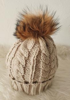 Strickmütze Pudelmütze mit Bommel beige 1