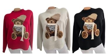 Damen Feinstrick-Pullover/Oberteil kuschelweich mit Teddyaufdruck