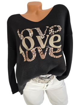 Preview: Damen Pullover mit Schriftzug „Love“ in Glitzer-Optik, V-Ausschnitt, Onesize (40–44)