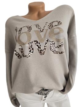 Preview: Damen Pullover mit Schriftzug „Love“ in Glitzer-Optik, V-Ausschnitt, Onesize (40–44)