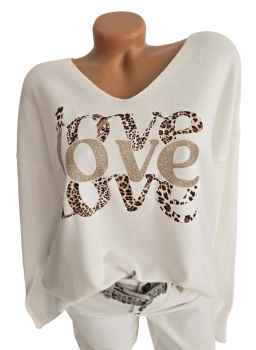 Damen Pullover mit Schriftzug „Love“ in Glitzer-Optik, V-Ausschnitt, Onesize (40–44)