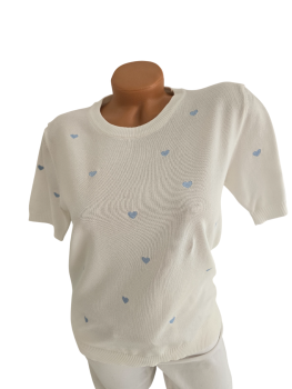 Damen Feinstrick-Pullover weiß mit hellblauen Herzen