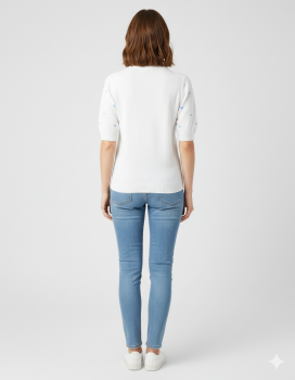 Preview: Damen Feinstrick-Pullover weiß mit hellblauen Herzen