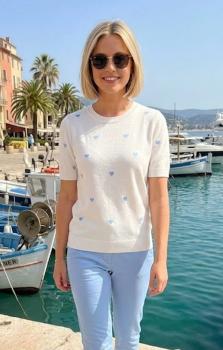 Damen Sommer Pullover weiß mit hellblauen Herzen