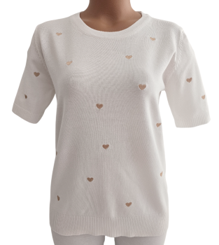 Damen Feinstrick-Pullover weiß mit goldenen Herzen