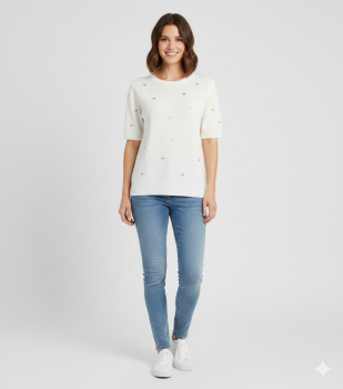 Damen Feinstrick-Pullover weiß mit goldenen Herzen