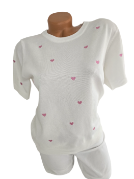 Damen Feinstrick-Pullover weiß mit rosa Herzen