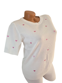 Damen Feinstrick-Pullover weiß mit rosa Herzen