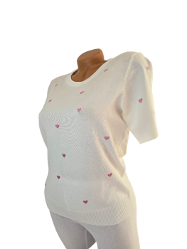 Damen Feinstrick-Pullover weiß mit rosa Herzen