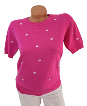 Preview: Damen Feinstrick-Pullover pink mit weißen Herzen