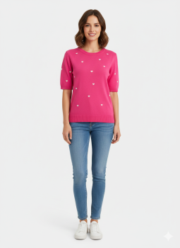 Damen Feinstrick-Pullover pink mit weißen Herzen