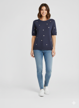 Damen Feinstrick-Pullover marine mit weißen Herzen