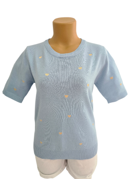 Preview: Damen Feinstrick-Pullover hellblau mit goldenen Herzen