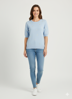 Damen Feinstrick-Pullover hellblau mit goldenen Herzen