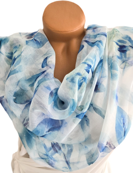 Damen Tuch Schal Stola Seidentuch blau grün weiß floral