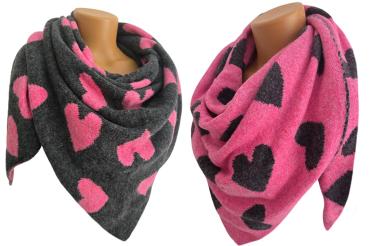 Preview: Wendeschal Winterschal Dreiecktuch Herz pink dunkelgrau kuschelweich warm