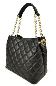 Preview: Elegante Schultertasche echt Leder gesteppt schwarz