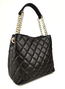 Preview: Elegante Schultertasche echt Leder gesteppt schwarz