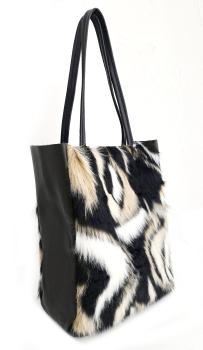 Preview: Damen Schultertasche Shopper mit Reißverschluss in Fell-Optik echt Leder