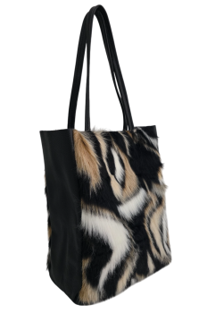 Preview: Damen Schultertasche Shopper mit Reißverschluss in Fell-Optik echt Leder