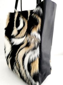 Preview: Damen Schultertasche Shopper mit Reißverschluss in Fell-Optik echt Leder