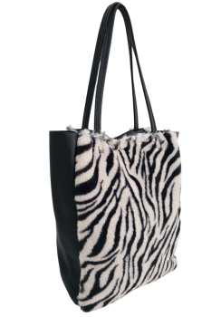 Preview: Damen Schultertasche Shopper mit Reißverschluss in Fell-Optik echt Leder