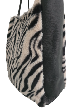 Damen Schultertasche Shopper mit Reißverschluss in Fell-Optik echt Leder
