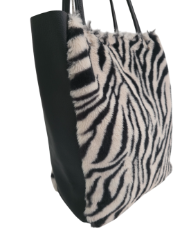 Damen Schultertasche Shopper mit Reißverschluss in Fell-Optik echt Leder