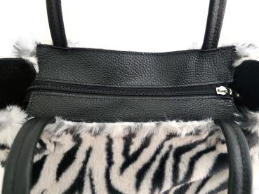 Damen Schultertasche Shopper mit Reißverschluss in Fell-Optik echt Leder