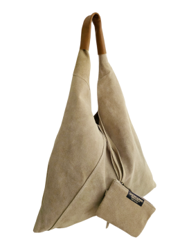 Preview: XL Schultertasche echt Wildleder hell taupe