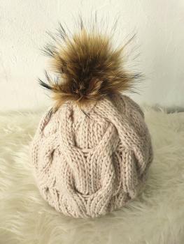 Strickmütze Pudelmütze mit Bommel in beige 1