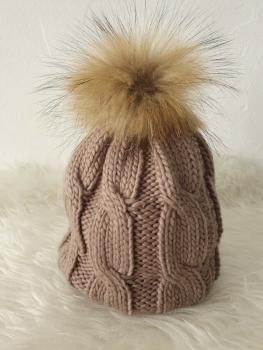 Strickmütze Pudelmütze mit Bommel braun  1
