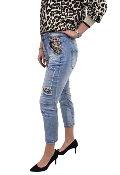 Damen Jeans mit Pailetten und Flicken Leo Muster
