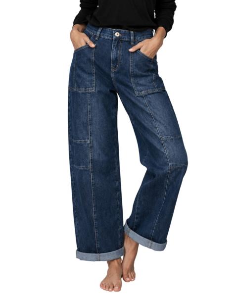 Damen Wide Leg Jeans in Used-Waschung – Lässige Wide Fit Denim mit Mittelnähten & Patch Pockets – Blue Denim