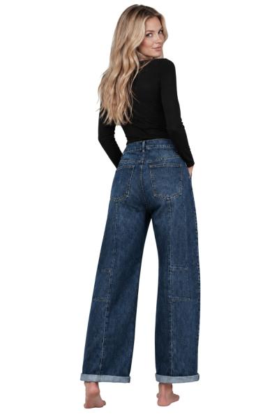 Damen Wide Leg Jeans in Used-Waschung – Lässige Wide Fit Denim mit Mittelnähten & Patch Pockets – Blue Denim