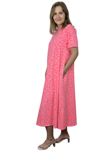 Maxi-Kleid Shirtkleid Kurzarm A-Linie pink