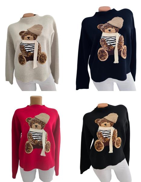 Damen Feinstrick-Pullover/Oberteil kuschelweich mit Teddy auf Vorderseite