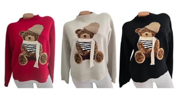 Damen Feinstrick-Pullover/Oberteil kuschelweich mit Teddyaufdruck