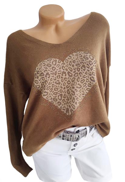 Damen Pullover mit Herz im Animal-Print und goldfarbenen Glitzersteinchen, V-Ausschnitt, Onesize (40–44)