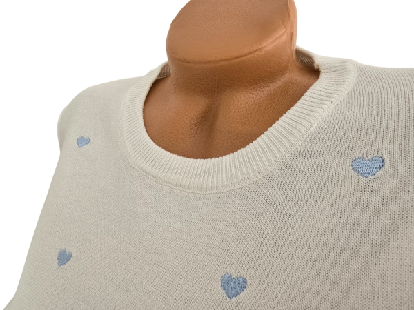 Damen Feinstrick-Pullover weiß mit hellblauen Herzen