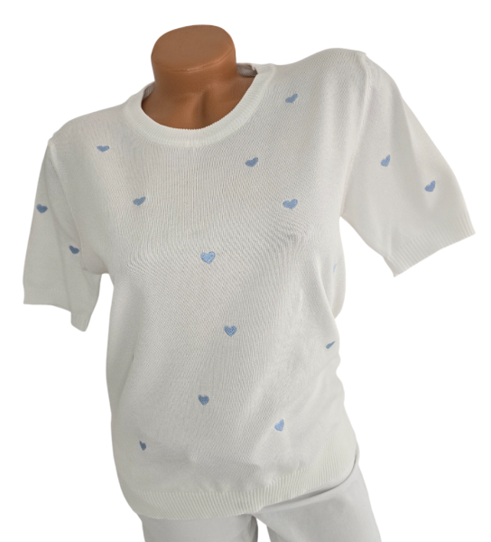 Damen Feinstrick-Pullover weiß mit hellblauen Herzen