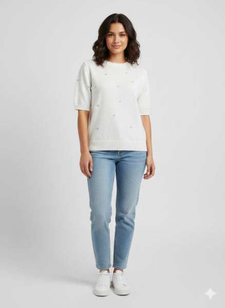 Damen Feinstrick-Pullover weiß mit hellblauen Herzen